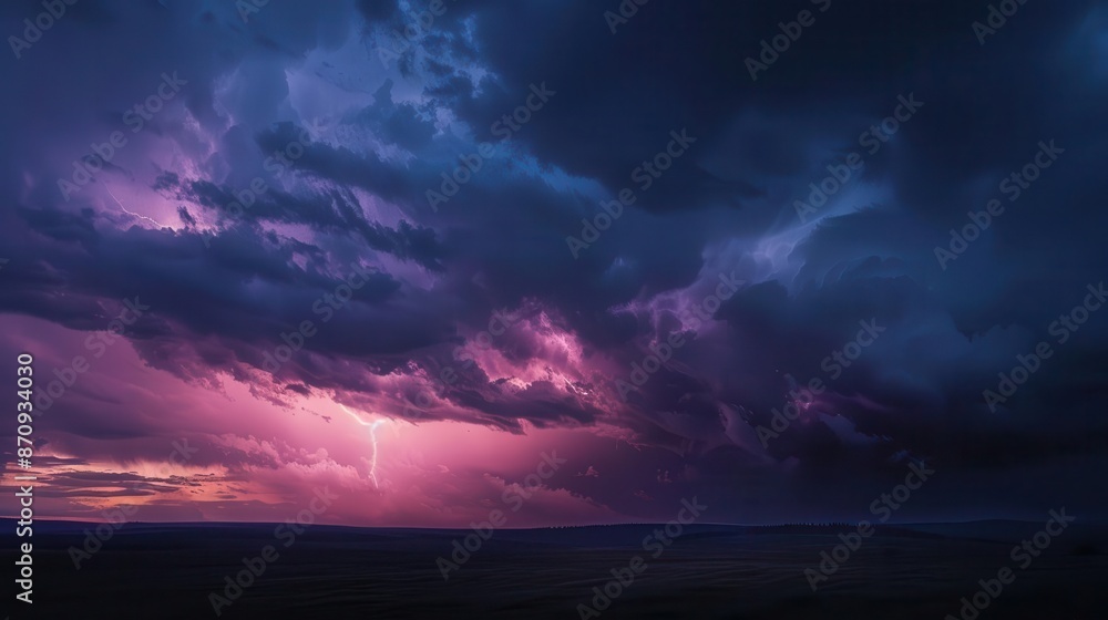 dramatic storm scene forked lightning illuminating ominous dark clouds moody landscape silhouette electrifying purple and blue hues dramatic storm scene forked lightning illuminating ominous dark clouds moody landscape silhouette electrifying purple and blue hues
