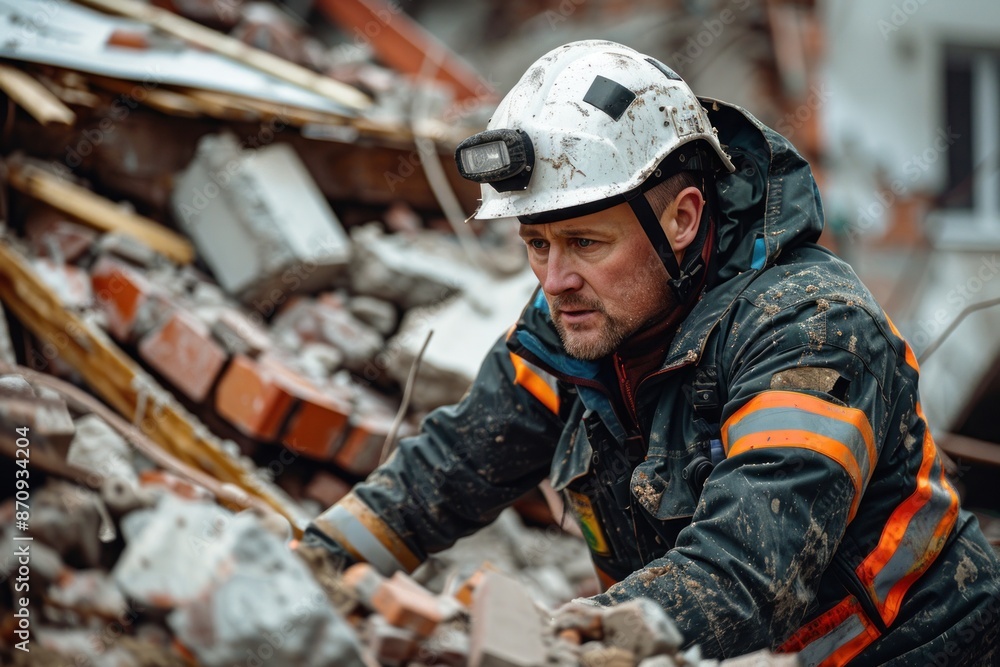 Rescue service man in helmet clears rubble of house after natural disaster. ai generative Rescue service man in helmet clears rubble of house after natural disaster. ai generative