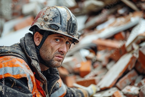 Rescue service man in helmet clears rubble of house after natural disaster. ai generative