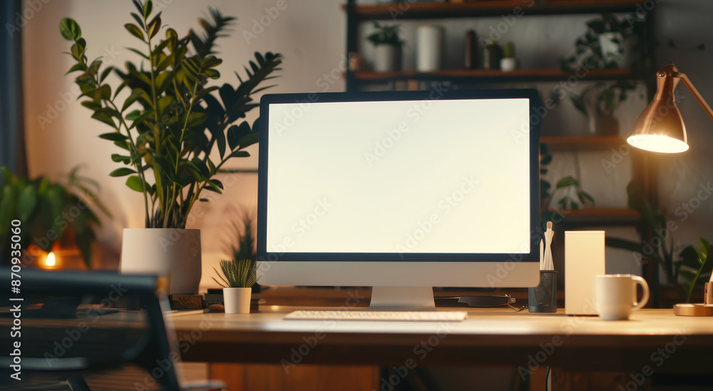 A computer monitor sits on a desk with a plant in front of it by AI generated image A computer monitor sits on a desk with a plant in front of it by AI generated image