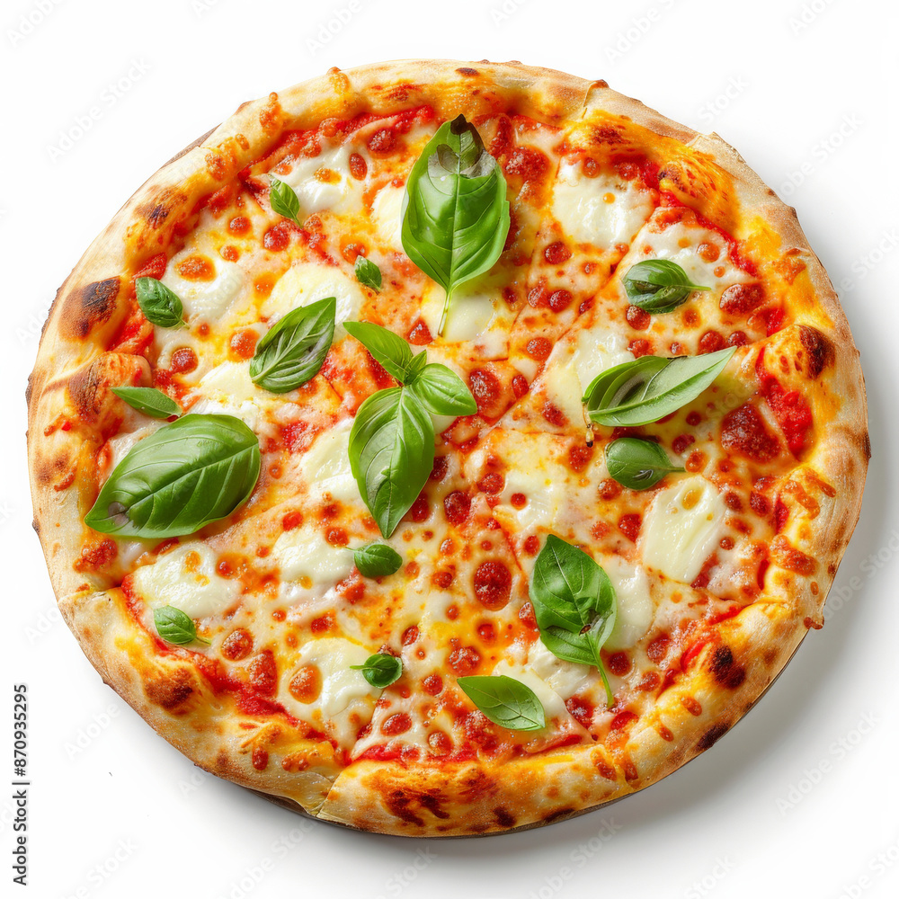 A classic Italian margherita pizza, with a thin crust topped with tomato sauce, fresh mozzarella, and basil leaves, isolated on white background. A classic Italian margherita pizza, with a thin crust topped with tomato sauce, fresh mozzarella, and basil leaves, isolated on white background.