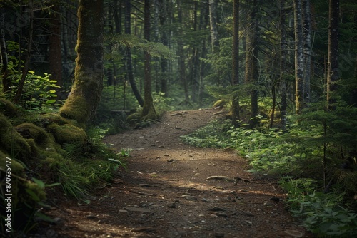 A peaceful forest trail beckons exploration, surrounded by lush greenery and warm sunlight filtering through the trees. The path winds deeper into the wilderness, promising adventure and discovery.