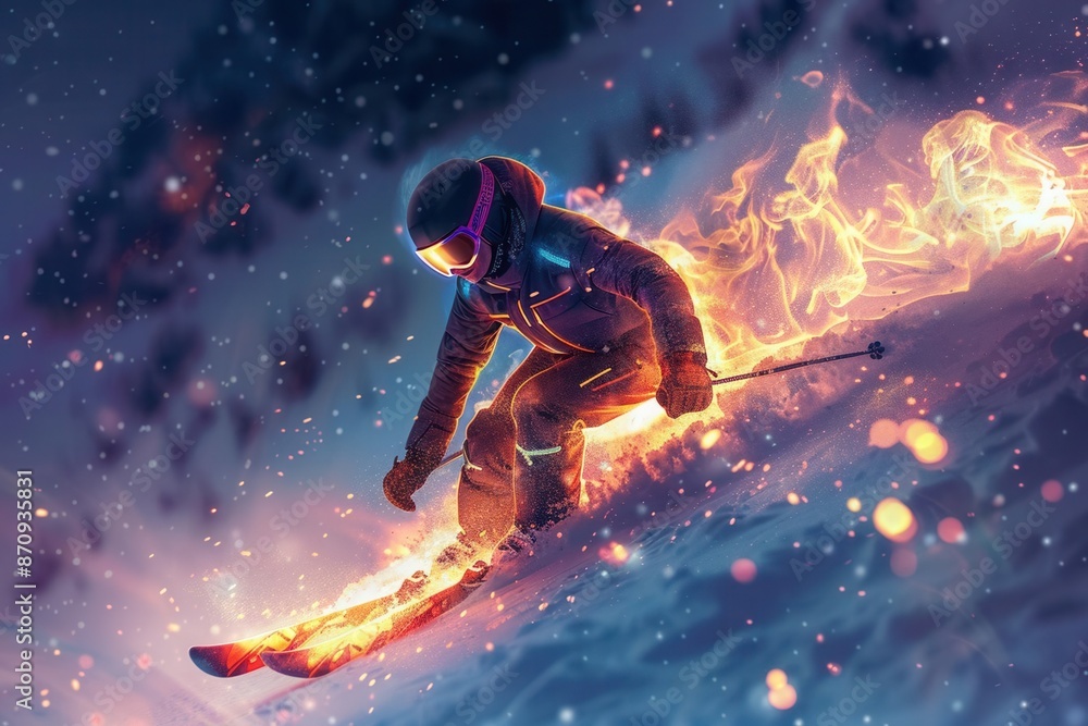 A glowing skier racing downhill with dynamic light effects, highlighting the thrill and skill of the sport Set against a dark background, suitable for winter sports promotions A glowing skier racing downhill with dynamic light effects, highlighting the thrill and skill of the sport Set against a dark background, suitable for winter sports promotions