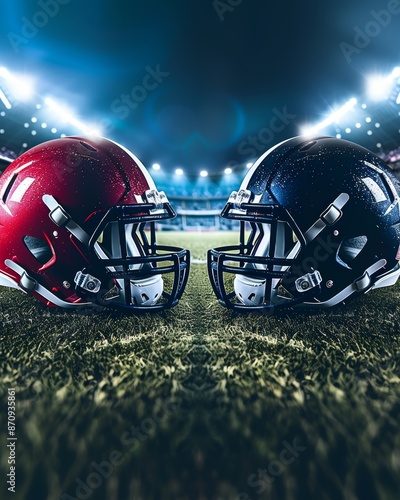 American football helmets facing each other on football field with stadium lights. Sports background 