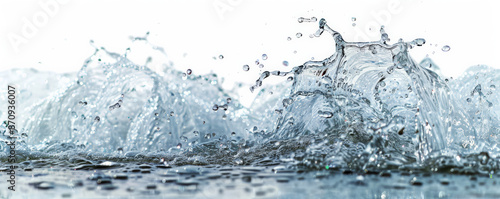 A close-up of a water wave splashing, with droplets forming intricate patterns in mid-air, set against a white background. The clean backdrop emphasizes the water's fluid dynamics.