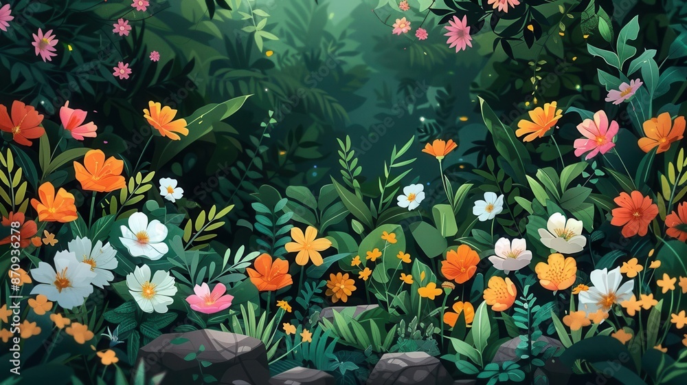 Nature garden, blooming flowers, flat design Nature garden, blooming flowers, flat design