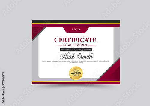 Certificate of appreciation template, gold and red color. Unique modern certificate with gold badge. 