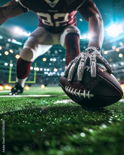 Close-up on American football player is getting ready to kick held by a hand ball, view from grass level, 