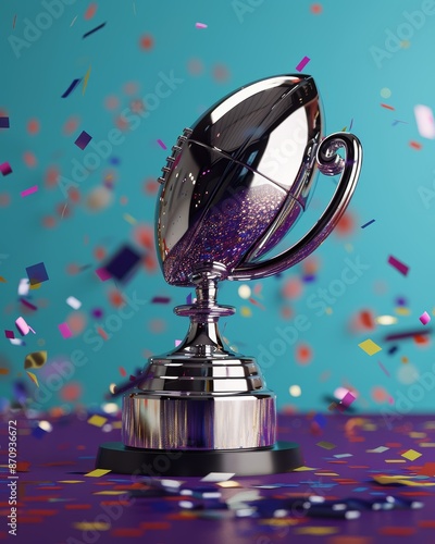 a chrome American football trophy over a contemporary blue background,  confetti all over the floor photo