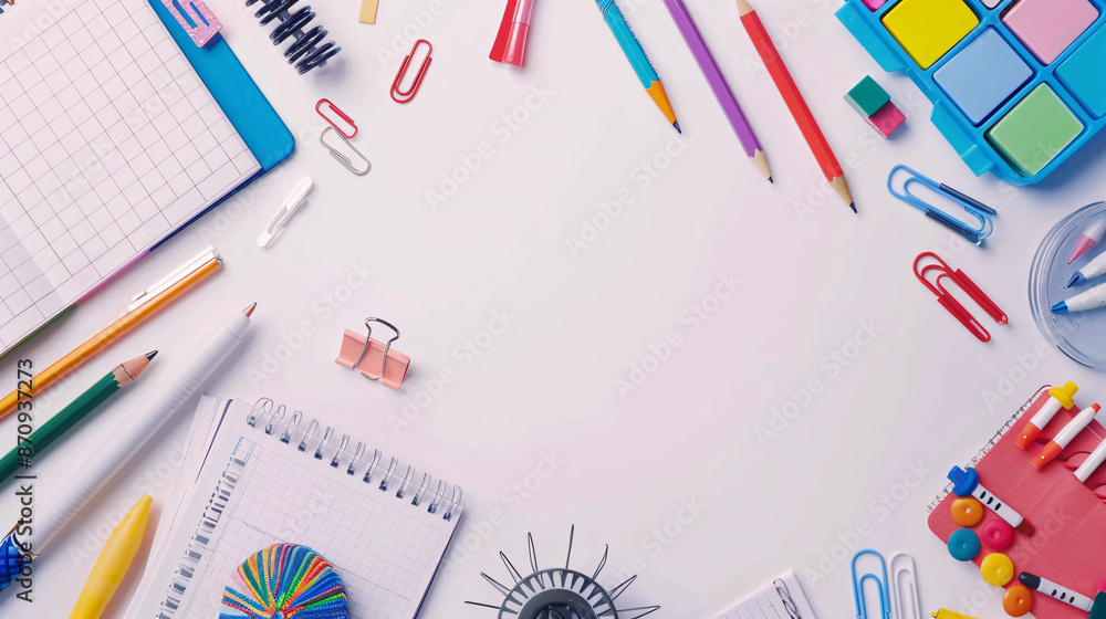 School stationery on white background, flat lay, back to school concept. School stationery on white background, flat lay, back to school concept.