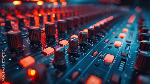 Close up of a sound mixing console with knobs and buttons in a recording studio.