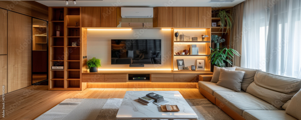 A contemporary wooden living room with a large TV, modular shelving, and minimalist decor. Use warm wood tones and simple lines for a clean, modern design. A contemporary wooden living room with a large TV, modular shelving, and minimalist decor. Use warm wood tones and simple lines for a clean, modern design.