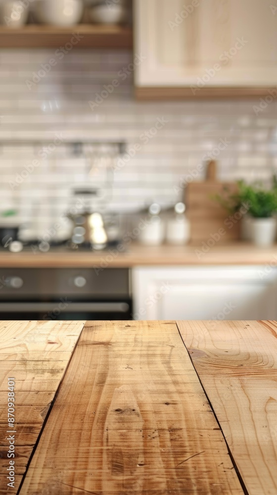 Wood table top on blur kitchen counter background. Wood table top on blur kitchen counter background.