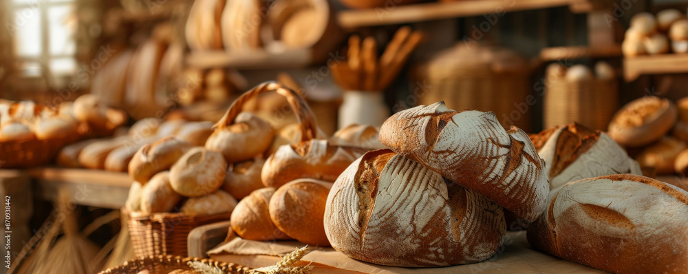 A cozy bakery scene with a focus on a display of freshly baked breads, including rustic sourdough loaves and soft dinner rolls. The background features warm, inviting colors and soft-focus elements, A cozy bakery scene with a focus on a display of freshly baked breads, including rustic sourdough loaves and soft dinner rolls. The background features warm, inviting colors and soft-focus elements,