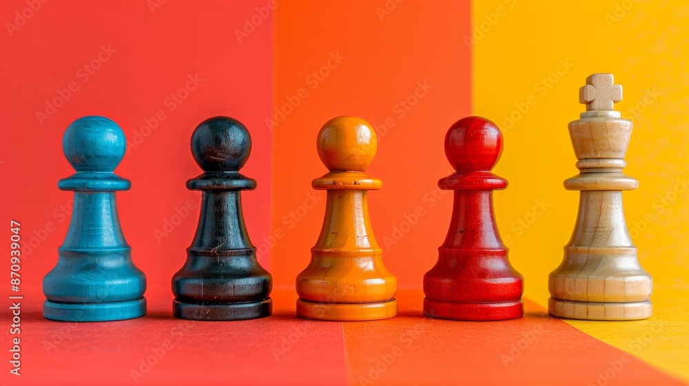 Five colorful chess pieces lined up against a red and yellow background. The pieces are blue, black, orange, red and white. Five colorful chess pieces lined up against a red and yellow background. The pieces are blue, black, orange, red and white.