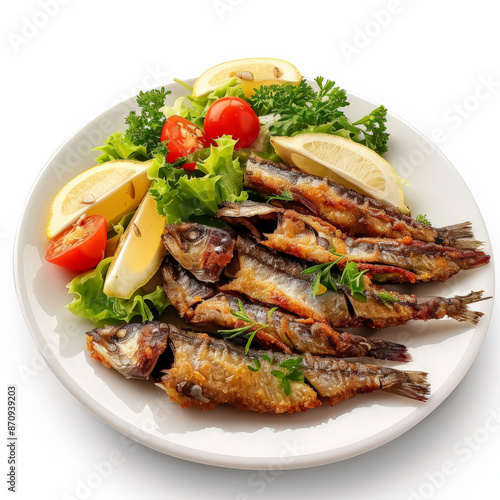 A delicious plate of Turkish hamsi tava, fried anchovies served with a side of fresh salad, garnished with lemon wedges, isolated on white background.