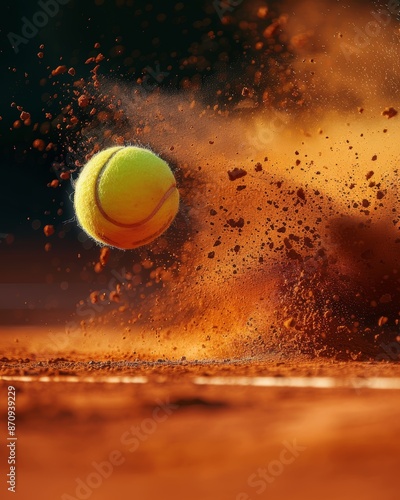 Poster style close up on a tennis ball bouncing on the clay, ocher powder and particles. Flyer Banner background with copy space