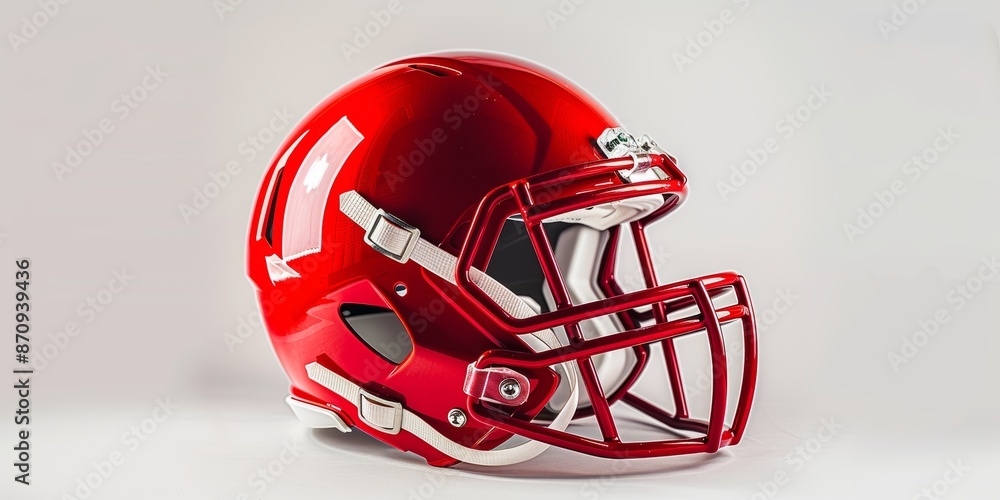 Fototapeta premium Left side red football helmet against a plain white backdrop