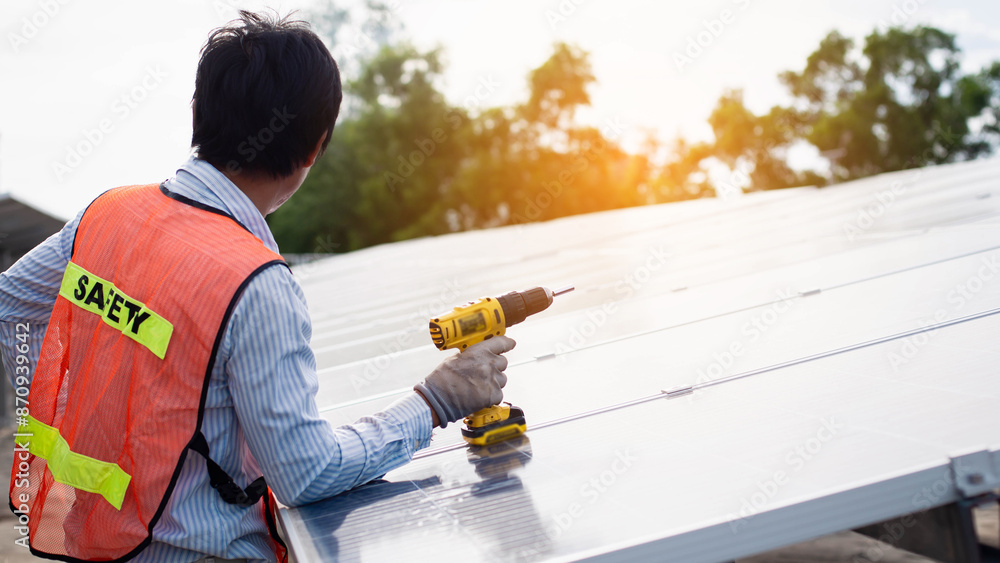 Engineer service check installation solar cell on the roof of factory ...