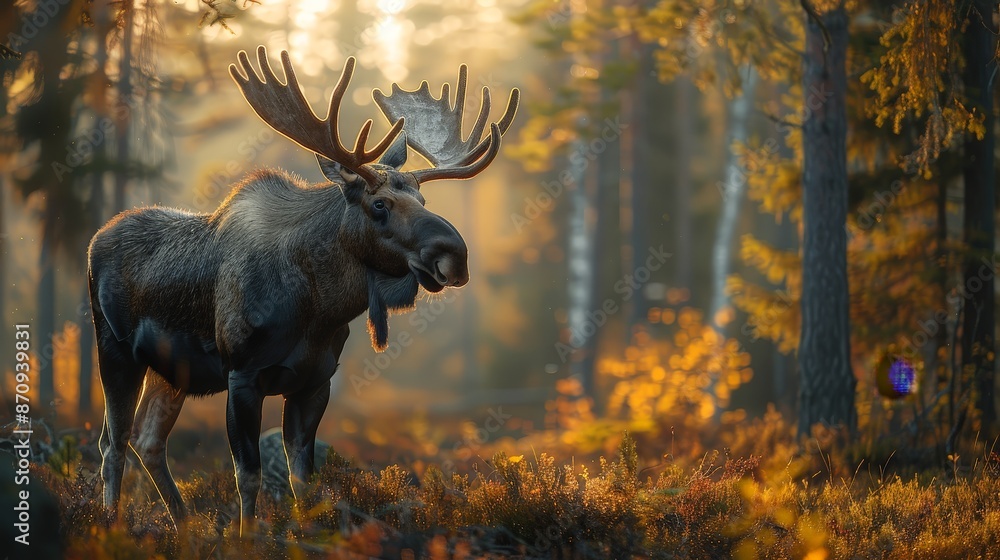 A majestic moose standing in a dense forest, with tall trees and dappled sunlight, early morning light A majestic moose standing in a dense forest, with tall trees and dappled sunlight, early morning light