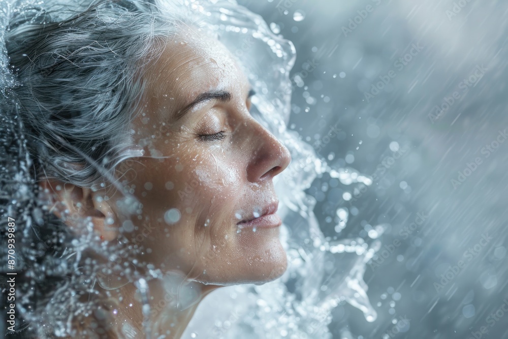 Obraz premium skin care senior woman face from profile standing in splash of fresh water. ai generative
