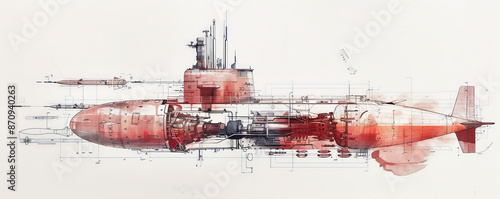 A detailed drawing of a combat submarine, showcasing its torpedo tubes, sonar equipment, and stealth design. The white background highlights the submarine's advanced engineering and combat