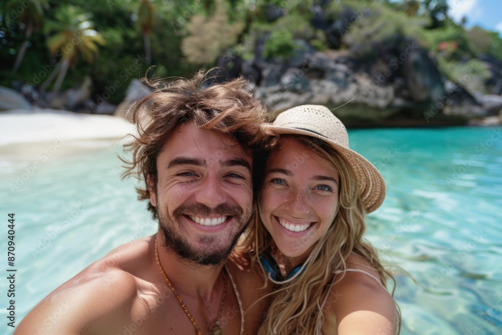 Obraz premium smiling couple taking a selfie on vacation on tropical island. ai generative