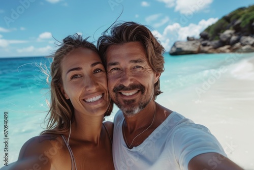 smiling couple taking a selfie on vacation on tropical island. ai generative © Ольга Лукьяненко