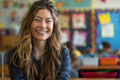 smiling preschool teacher in classroom. ai generative