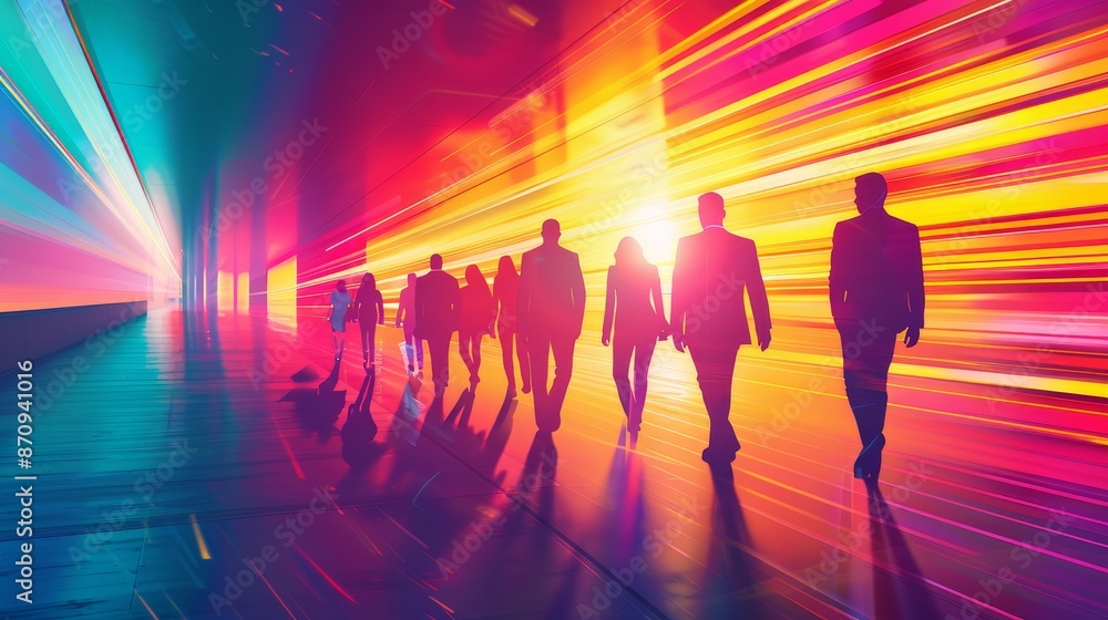 Silhouettes of people walking towards bright light in a neon-lit corridor. Silhouettes of people walking towards bright light in a neon-lit corridor.