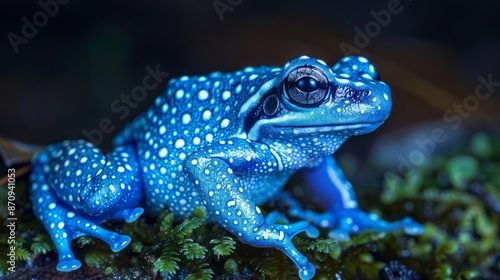 Luminous cyan azureus poison dart frog on leaf © muhriZ