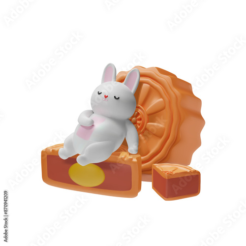 3D vector illustration of a sleeping white rabbit stuffed with a large moon cake