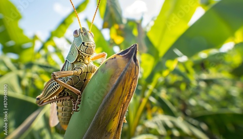 AI generator image of 
leaping chirping insect and Farmers are catching a lot of locusts. that clings to banana tree leaves, a large grasshopper farm photo