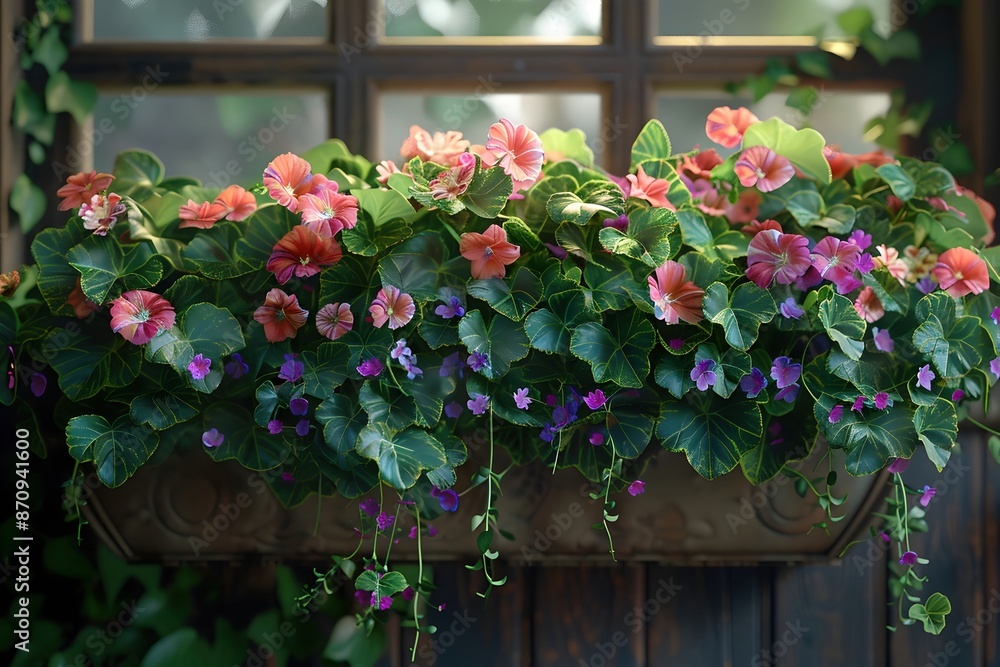 Fototapeta premium Lush,Overflowing Window Planters with Vibrant Trailing Vines,Leaves,and Blooms in Warm Natural Light