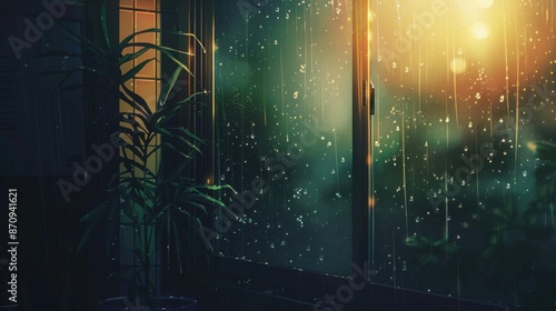 A serene anime-style scene of a rainy day, with raindrops on a window and soft, diffused lighting, evoking a calm, lo-fi mood photo