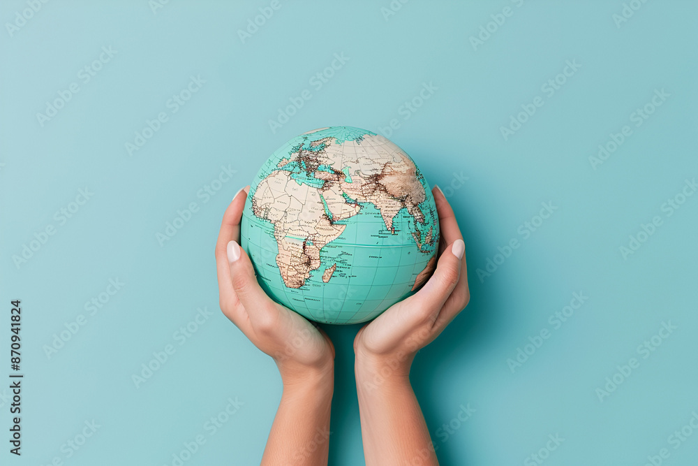 Hands holding earth globe on blue background. World Earth Day, environment Hands holding earth globe on blue background. World Earth Day, environment