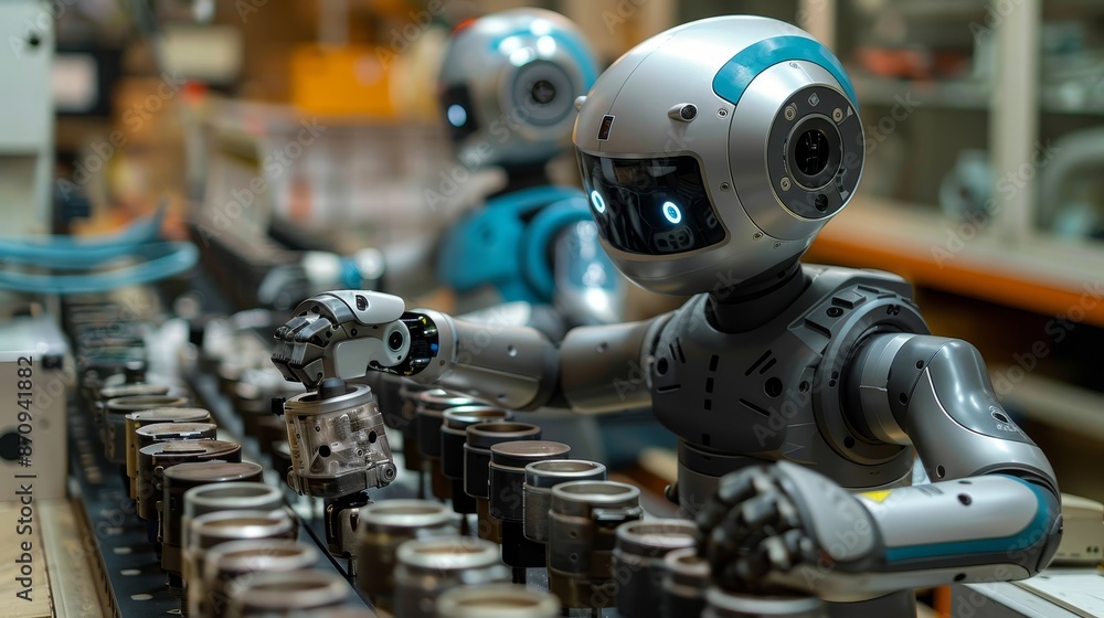 Two futuristic robots working on an assembly line, showcasing automation in a modern factory. Two futuristic robots working on an assembly line, showcasing automation in a modern factory.