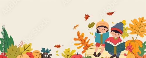 Cute illustration of children reading books in an autumnal setting.