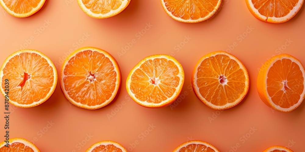 Minimalist composition of orange slices an orange background Minimalist composition of orange slices an orange background