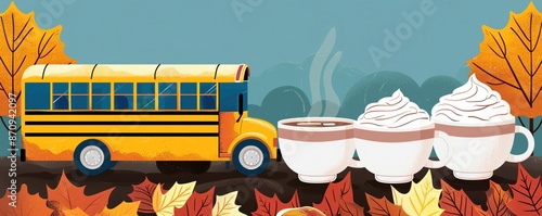Yellow school bus with fall leaves and hot chocolate
