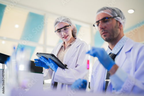 scientist doctors wear lab coat. Chemicals serums and antibiotics are being tested for treatment of people and animals. and make dietary supplements. product testing room clean in a modern laboratory.