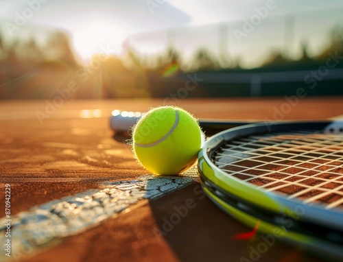 Tennis ball rolling on tennis court with one tennis racket on top of it, low angle. With copy space