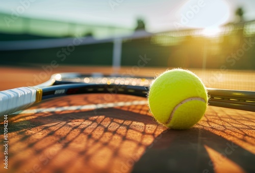 Tennis ball rolling on tennis court with one tennis racket on top of it, low angle. With copy space