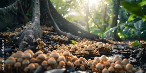 Tropical fungi create symbiotic networks underground aiding tree growth and protection. Concept Ecosystems, Mycorrhizal Fungi, Tree Health, Symbiotic Relationships, Underground Networks