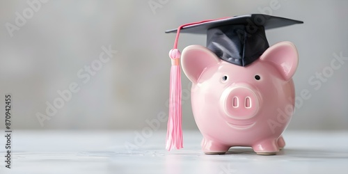 Piggy bank in graduation cap symbolizes education funds and financial planning. Concept Education Savings, Financial Planning, Piggy Bank, Graduation Cap, Symbolism