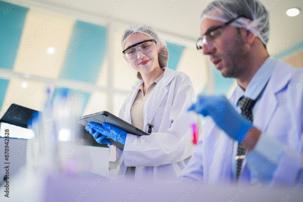 Fototapeta premium scientist doctors wear lab coat. Chemicals serums and antibiotics are being tested for treatment of people and animals. and make dietary supplements. product testing room clean in a modern laboratory.