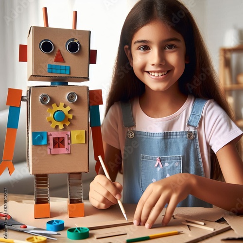 Children's craft of building a cardboard robot costume for prete photo