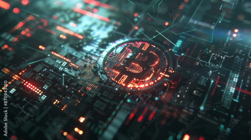 Fototapeta premium Dynamic cryptocurrency banner with glowing bitcoin symbol, digital elements, and trading graphs