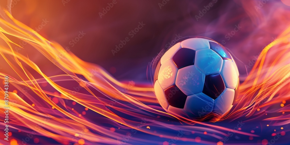 Fototapeta premium soccer ball studio background shot, decorative lighting tails surrounding the ball