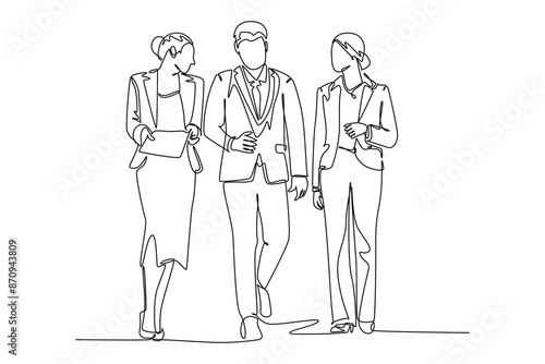 Single continuous line drawing young male and female employees talking and walking together on the street to go to city subway. Urban commuter. Dynamic one line draw graphic design vector illustration